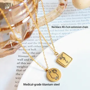 Ensemble collier en acier titane doré avec pendentifs visage carrés et ronds