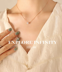 Detail of a sparkling round zircon pendant on a rose gold chain worn by a model