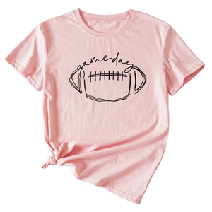 Detailed view of pink cotton Game Day t-shirt featuring rugby print and stylish side knot