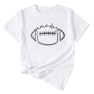 Detail of white cotton T-shirt featuring game day football print and stylish side knot