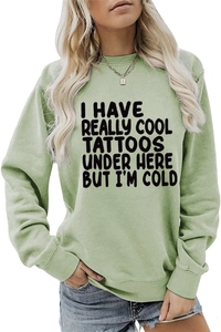 Front view of light green crewneck sweatshirt with black text graphic print