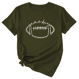 Detail of army green game day t-shirt with rugby graphic and stylish tie-front hem knot