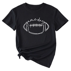 Detail of black Game Day T-shirt with rugby graphic and stylish side knot design