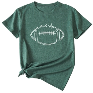 Close-up of olive green t-shirt with Game Day football graphic and front knot detail
