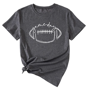 Detail of dark grey short sleeve T-shirt with Game Day football graphic and side knot tie