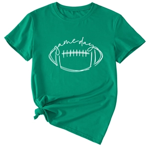Detail of green Game Day T-shirt with football print and stylish side knot design