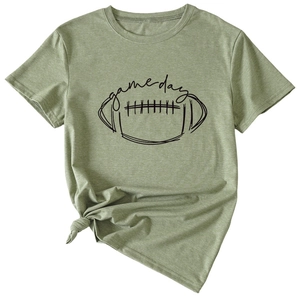 Detail of sage green Game Day t-shirt featuring football print and knotted hem detail