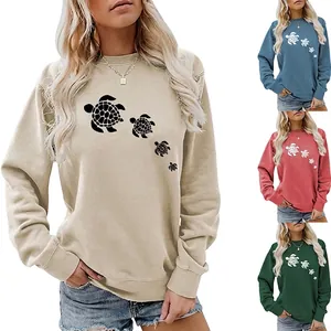 Women Cute Sea Turtle Print Sweatshirt Casual Crewneck Long Sleeve Pullover Cotton Blend Fashion Streetwear Top