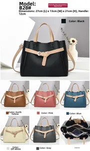 Detailed size chart of macaron tote bag showing dimensions 27x13x21cm and six color options