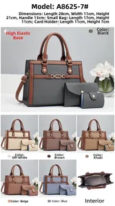 Three-piece handbag set details showing internal structure and multiple color options