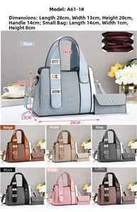 Detailed dimension guide for multi-layered patchwork handbag with various color options