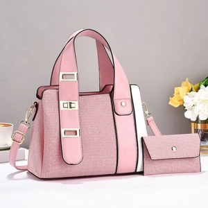 Pink and white patchwork tote bag set with detachable strap and golden metal buckle
