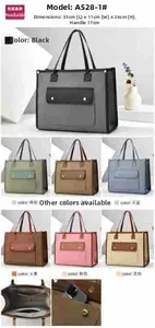 Detailed view of color-block canvas tote bag dimensions and multi-color selection options