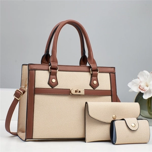 Ensemble de sacs 3 pièces en toile avec garniture en cuir brun et fermoir doré
