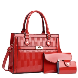 Three-piece red patent leather handbag set featuring checkered embossing and tote bags