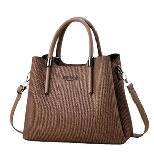 Deep brown striped tote bag with top handles and shoulder strap for women