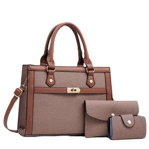 Ensemble 3 pièces de grand cabas en toile avec bandoulière et pochettes assorties en marron