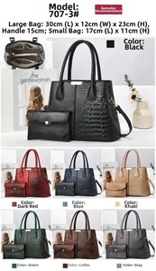 Macro detail of faux crocodile pattern leather handbag set with metal decor and small pouch
