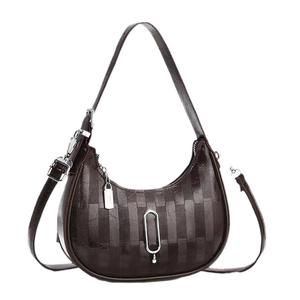 Fashionable dark brown macaron crescent hobo bag with vertical striped texture finish