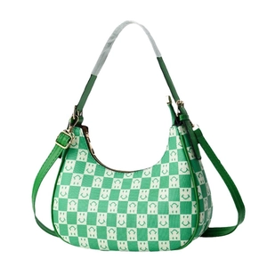 Sac croissant à damier vert et blanc avec motif smiley et bandoulière en cuir