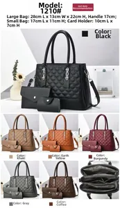 Three-piece diamond quilted handbag set including tote and clutch with size details