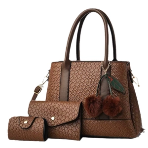 3-piece brown textured faux leather tote bag set with cherry charm and woven pattern