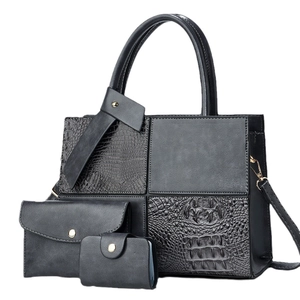 Three-piece black handbag set with crocodile pattern stitching and large capacity