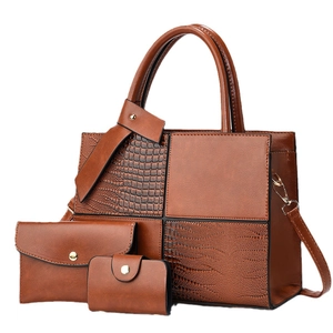Three-piece brown PU leather tote bag set with crocodile pattern patchwork and shoulder strap