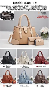 Detailed size chart and multi-color 3-piece striped leather tote bag set selection