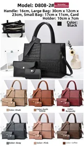 Detailed views of a 3-piece faux leather tote bag set featuring crocodile texture and size specs