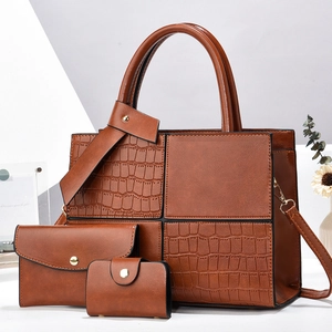 Three-piece brown tote bag set with crocodile pattern splicing and gold hardware accents