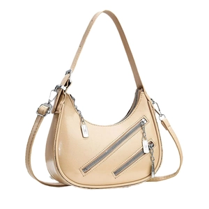 Chic beige crescent hobo bag with dual diagonal zippers and silver-tone hardware accents