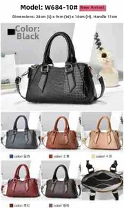 Detail guide showing dimensions and six color options for the croc-pattern pillow handbag