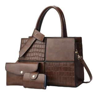 Three-piece brown crocodile texture tote bag set with detachable shoulder strap