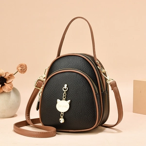 Mini Backpack For Women PU Leather Litchi Grain Multi Layer Zipper Crossbody Bag With Cat Charm Rhinestone Fashion