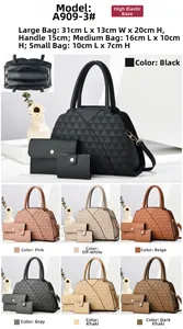 Detailed view of 3-piece quilted handbag set showing dimensions and various color options
