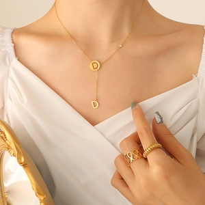 18k gold plated stainless steel letter D pendant necklace and ring set for women