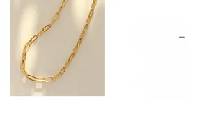 Detail of gold paperclip link chain necklace with polished finish on minimal background