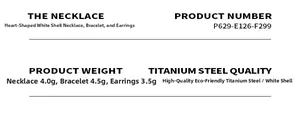 Detailed size and weight chart for titanium steel heart shell necklace and earring set