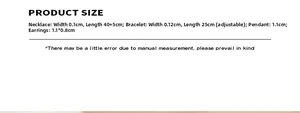 Size chart showing necklace, bracelet, and earrings dimensions in a jewelry set