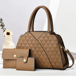 Three-piece brown quilted tote bag set with matching clutch and card holder in PU leather