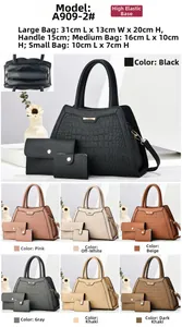 Detailed size chart for stone pattern three-piece handbag set with dimensions in cm