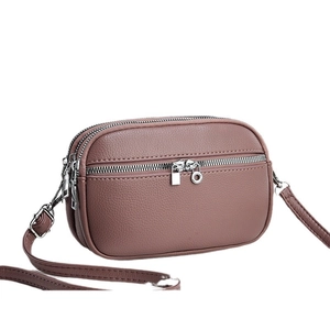 Mini multi-layer dark pink crossbody bag with triple zippers and lycra leather texture