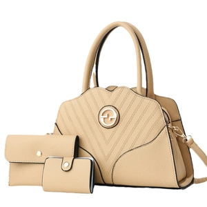 Chic beige 3-piece composite handbag set with lychee grain texture and gold metal hardware