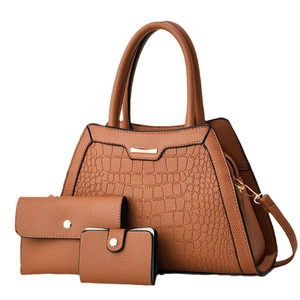 Brown 3-piece handbag set with crocodile pattern stitching and golden hardware detail