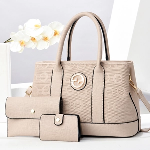 Beige 3-piece tote bag set with pebble leather texture and golden round metal logo