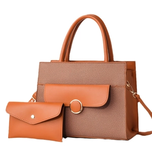 Brown woven fabric and PU leather tote bag set with golden ring buckle details