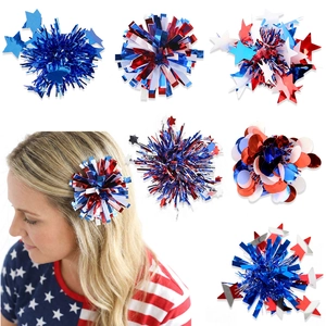 Detailed views of red blue silver patriotic star hair clips for Independence Day party outfit