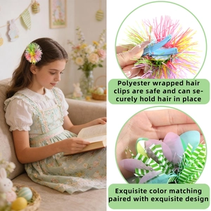 Detail of colorful Easter hair clips with soft pom-poms and blue grosgrain ribbon base