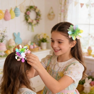 Close-up of Easter macaron floral hair clips worn by young girls in a festive setting